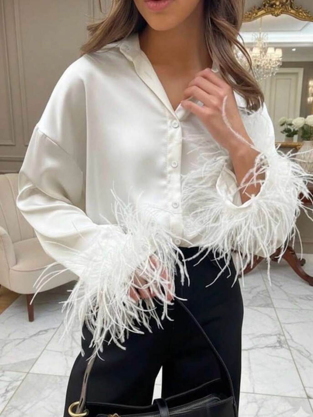 White Satin Blouse with Feather Cuff Detail